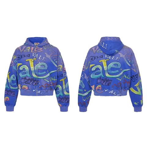 Vale Forever All-Over Vale Graffiti Print Vintage Wash Full-Zip Hoodie blue