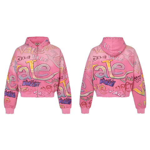 Vale Forever All-Over Vale Graffiti Print Vintage Wash Full-Zip Hoodie pink