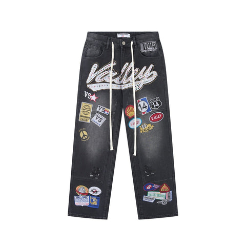 Vale Forever 1980S Painter Denim Black Patchwork Wide Leg Jeans