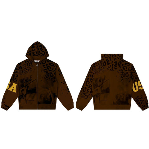 Vale Forever Leopard & Vintage Wash Full-Zip Hoodie khaki