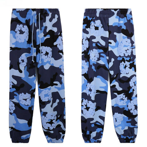 Denim Tears Navy Blue Camo Full Floral Print Cuffed Jogger Pants