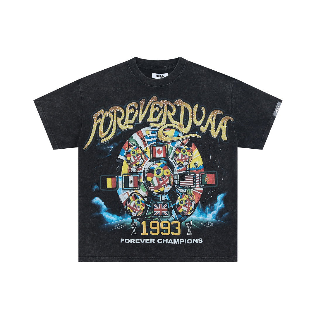 DUAA Washed Black 1993 Forever Champions World Flag Oversized T‑Shirt