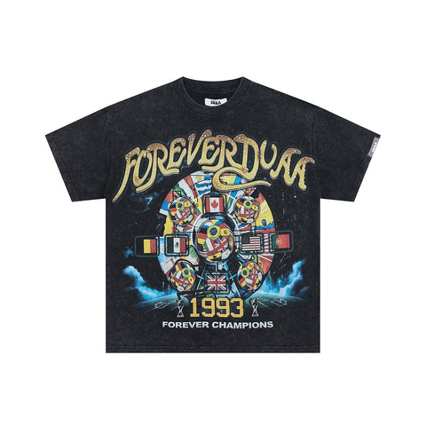DUAA Washed Black 1993 Forever Champions World Flag Oversized T‑Shirt