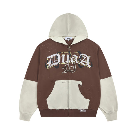 DUAA COLOR BLOCK DISTRESSED RHINESTONE FULL ZIP HOODIE