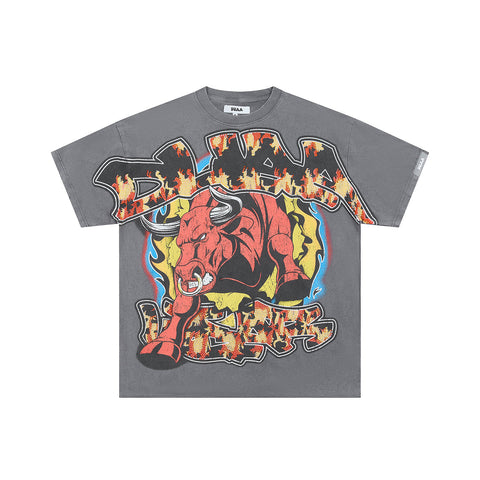 DUAA FLAMING RED BULL VINTAGE WASH GRAPHIC T‑SHIRT