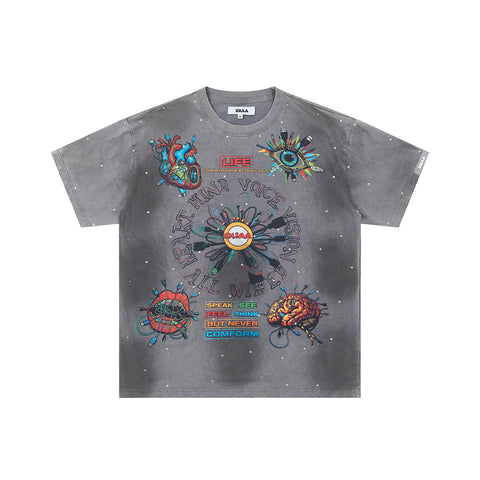 DUAA ALL WIRED ANATOMY ART RHINESTONE VINTAGE WASH T‑SHIRT
