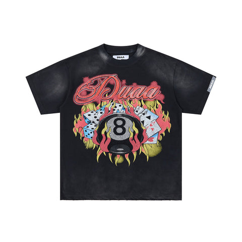 DUAA 8‑BALL DICE CARDS FLAME RHINESTONE VINTAGE WASH T‑SHIRT