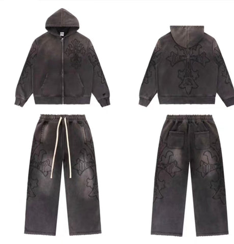 Vale Forever Vintage Gothic Cross Zip-Up Hoodie & Sweatpants Set - Charcoal / Washed Black