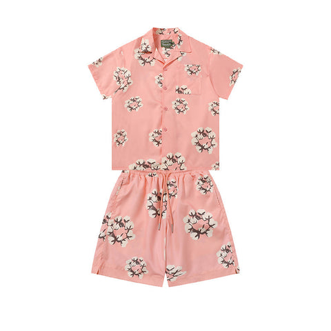 Denim Tears Pink Floral Wreath Print Camp Collar Short Sleeve Shirt & Drawstring Shorts
